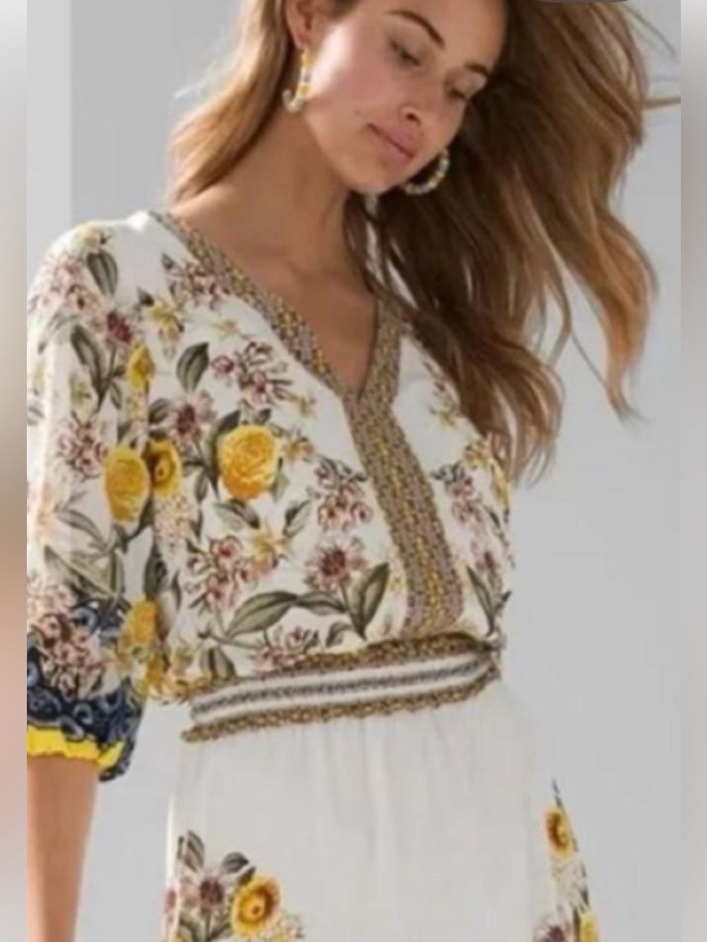 White House Black Market White Floral V-Neck Tunic. Smocked waist.